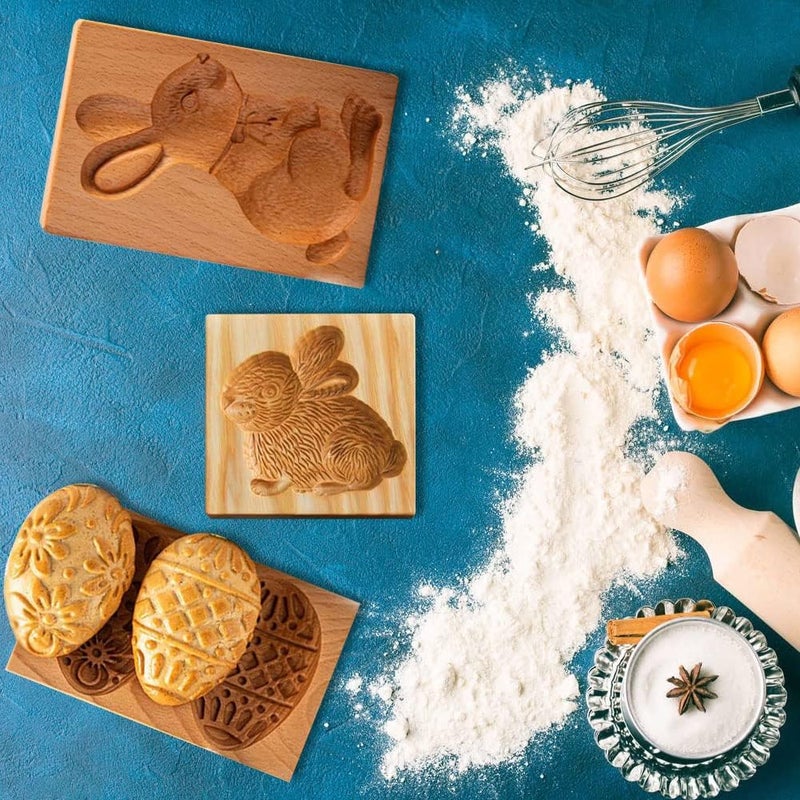 Yangshine 3 Pieces Wooden Cookie Molds Carved Wood Mold DIY Cookie Stamp Cookie Cutters Funny 3D Press Embossing Mould for Easter Baking Tool - Image 2