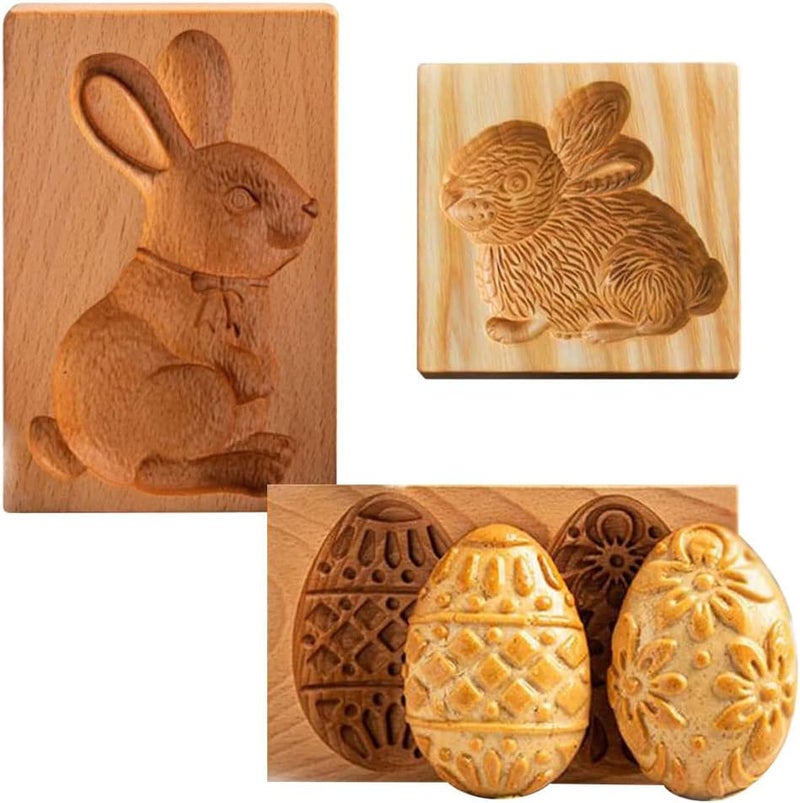 Yangshine 3 Pieces Wooden Cookie Molds Carved Wood Mold DIY Cookie Stamp Cookie Cutters Funny 3D Press Embossing Mould for Easter Baking Tool - Image 1