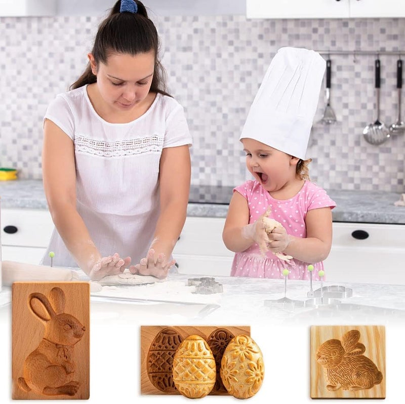 Yangshine 3 Pieces Wooden Cookie Molds Carved Wood Mold DIY Cookie Stamp Cookie Cutters Funny 3D Press Embossing Mould for Easter Baking Tool - Image 4