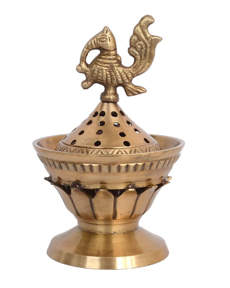 Skywalk Handcrafted Brass Loban Dhoop Dani with Peacock Incense Dhoop Burner for Home Office Temple Prayer (Gold) - Image 1