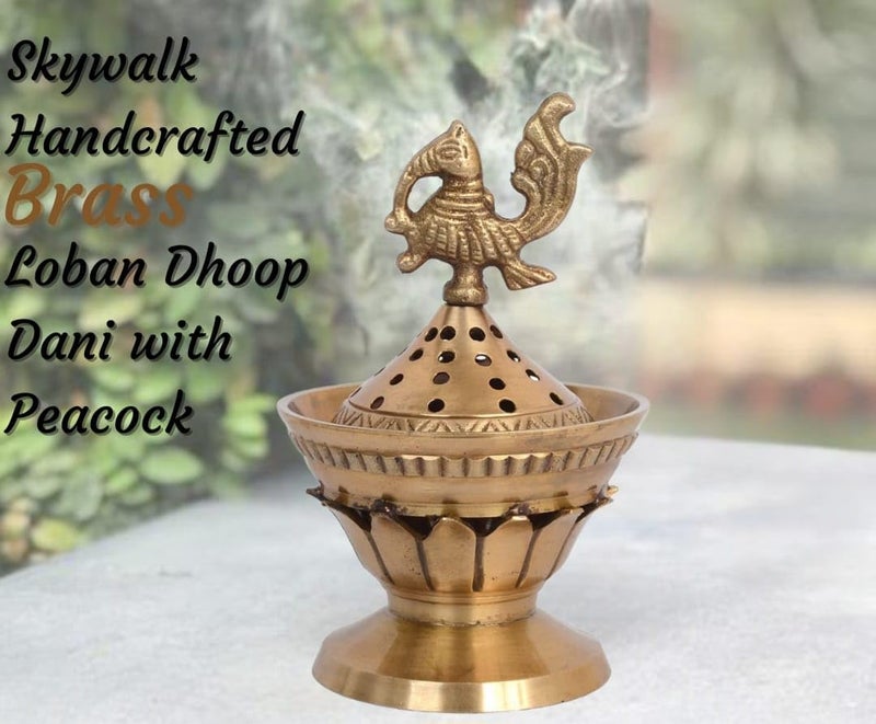 Skywalk Handcrafted Brass Loban Dhoop Dani with Peacock Incense Dhoop Burner for Home Office Temple Prayer (Gold) - Image 4