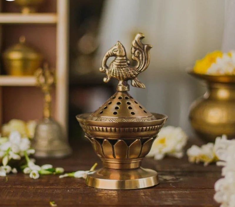 Skywalk Handcrafted Brass Loban Dhoop Dani with Peacock Incense Dhoop Burner for Home Office Temple Prayer (Gold) - Image 2