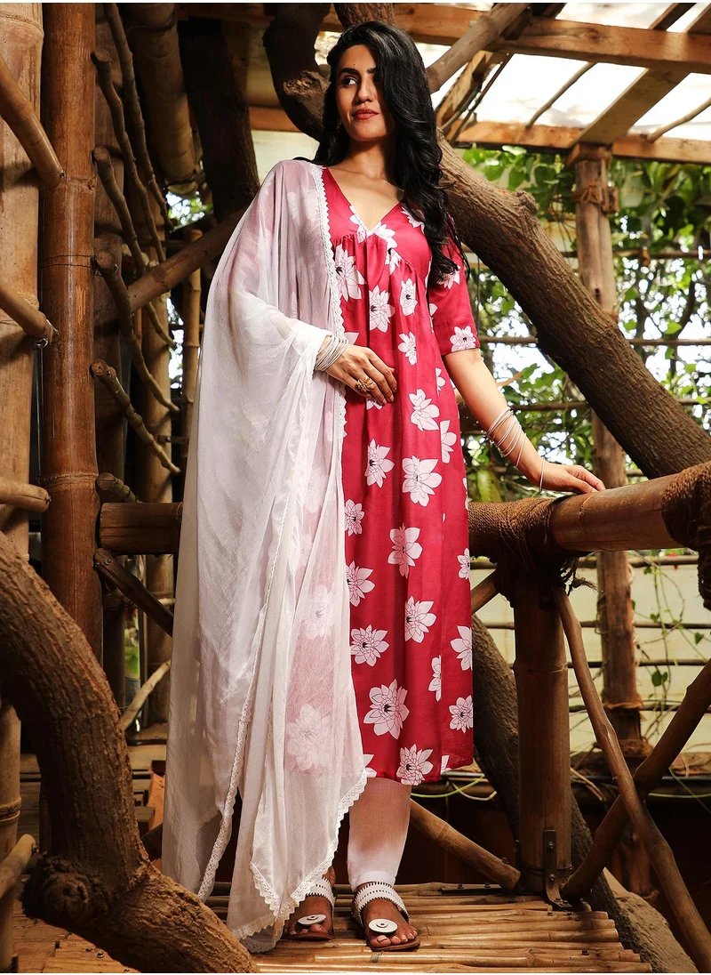  قصة Women's Crimson Red Water Lilies Kurta With Trousers And Dupatta
