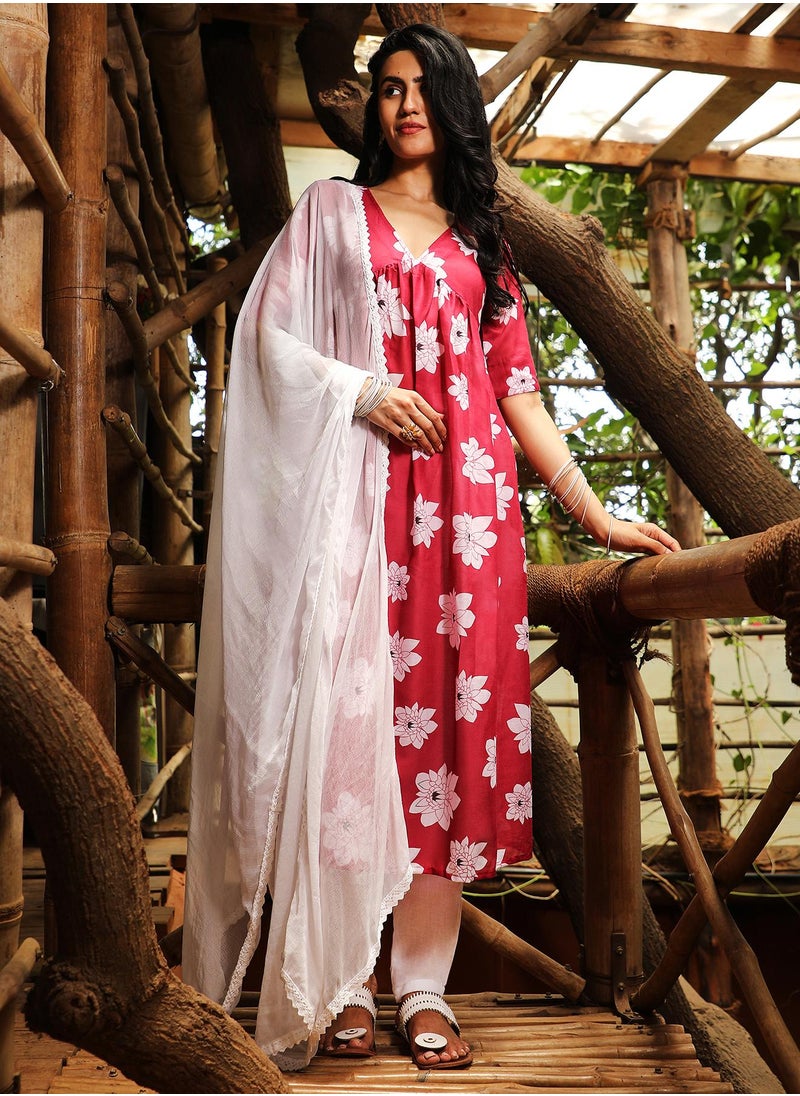 QISSA Women's Crimson Red Water Lilies Kurta With Trousers And Dupatta  - Image 1