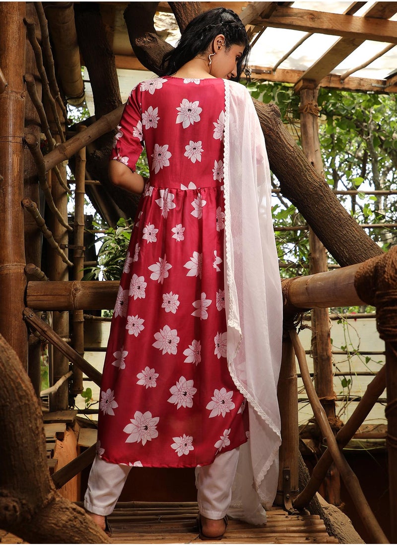 QISSA Women's Crimson Red Water Lilies Kurta With Trousers And Dupatta  - Image 4