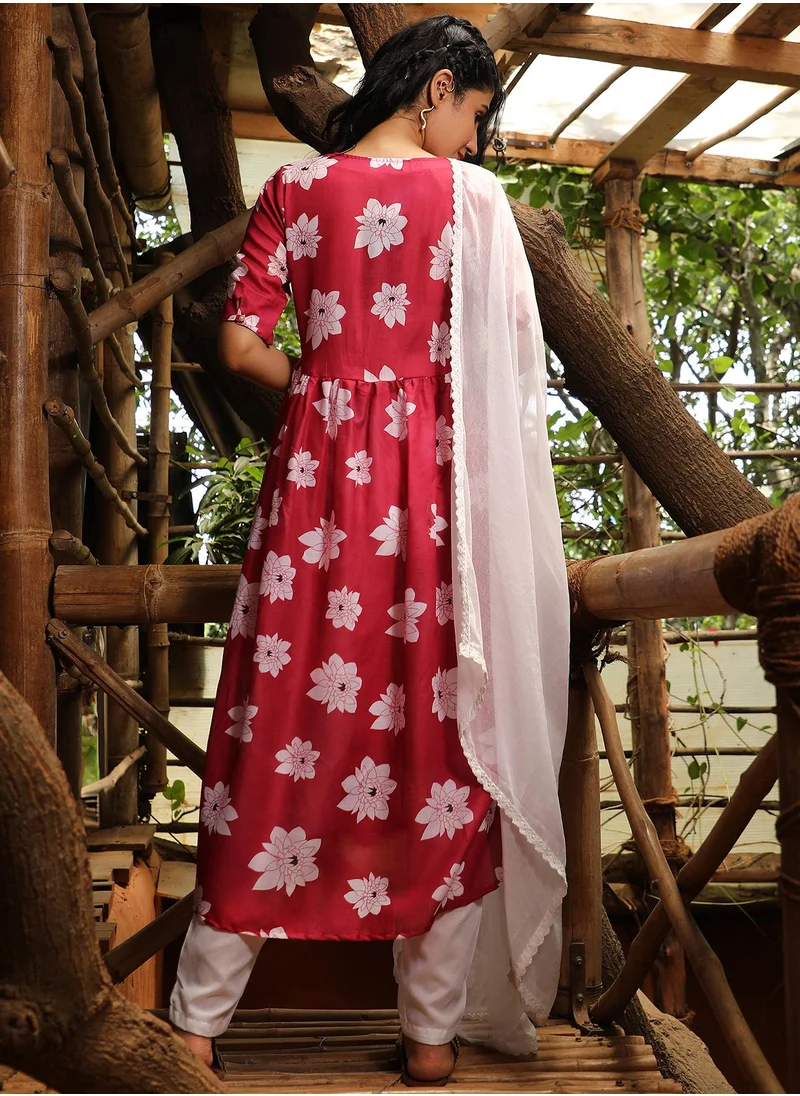 QISSA Women's Crimson Red Water Lilies Kurta With Trousers And Dupatta
