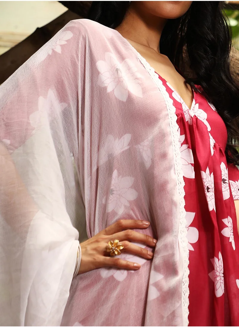 QISSA Women's Crimson Red Water Lilies Kurta With Trousers And Dupatta