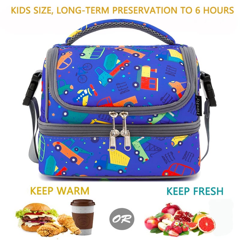 FlowFly Kids Double Decker Cooler Insulated Lunch Bag Large Tote for Boys, Girls, Men, Women, With Adjustable Strap, Car - Image 2