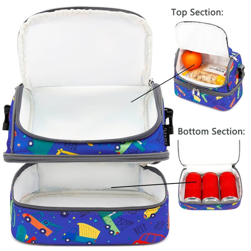 FlowFly Kids Double Decker Cooler Insulated Lunch Bag Large Tote for Boys, Girls, Men, Women, With Adjustable Strap, Car - Image 4