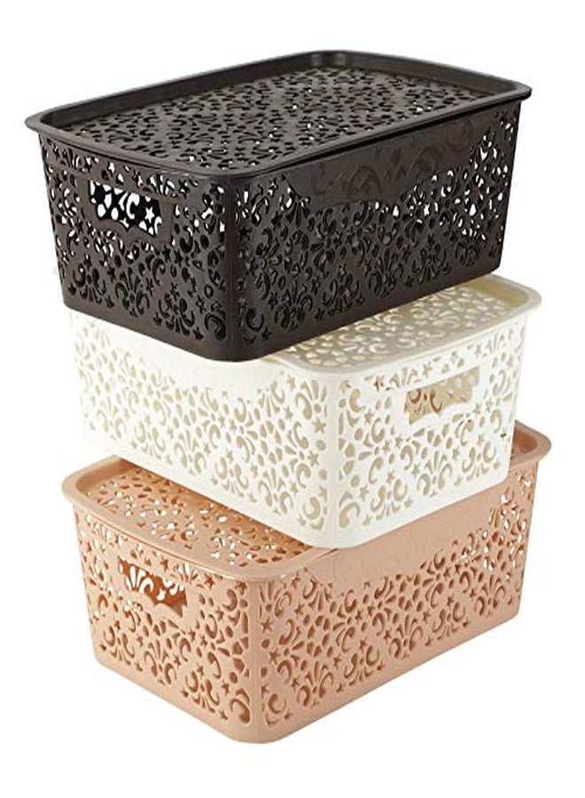 Cutting EDGE Turkish Baskets with Lid for Kitchen | Vegetables | Toys | Accessories (Combo - Brown, Beige, White, Medium, Dimension:- 36X21X10 cm) - Image 1