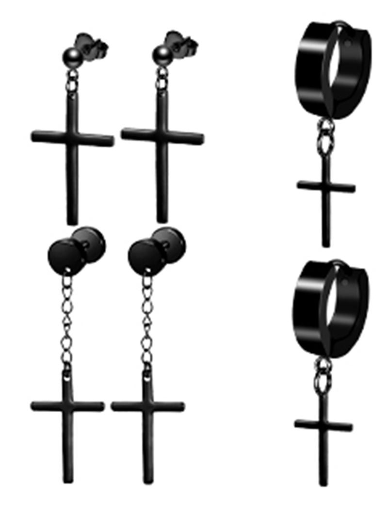 SYOSI Earrings for Men Black Stud Earrings Mens Earrings Steel Black Earrings for Men, Women, Unisex Jewelry Piercing Hoops and Cross Earrings Set 15 Pairs - Image 4
