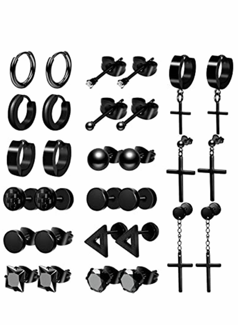 SYOSI Earrings for Men Black Stud Earrings Mens Earrings Steel Black Earrings for Men, Women, Unisex Jewelry Piercing Hoops and Cross Earrings Set 15 Pairs - Image 1