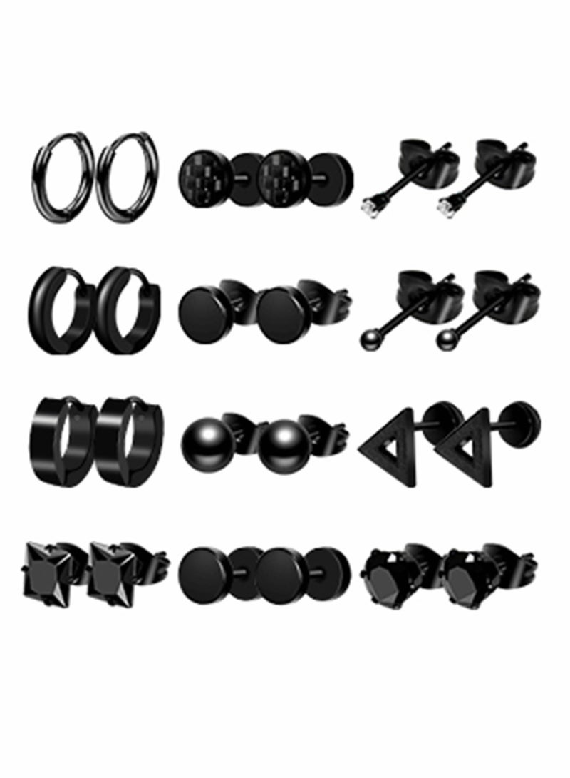 SYOSI Earrings for Men Black Stud Earrings Mens Earrings Steel Black Earrings for Men, Women, Unisex Jewelry Piercing Hoops and Cross Earrings Set 15 Pairs - Image 3