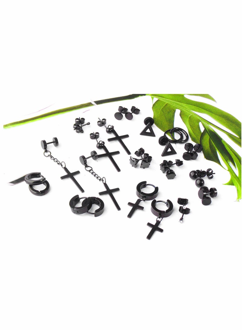 SYOSI Earrings for Men Black Stud Earrings Mens Earrings Steel Black Earrings for Men, Women, Unisex Jewelry Piercing Hoops and Cross Earrings Set 15 Pairs - Image 2
