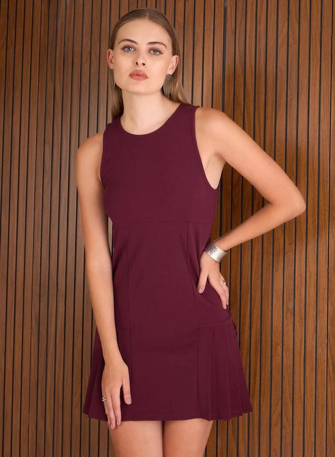 SASSAFRAS Sassafras Burgundy Solid Pleated Hem A-Line Mini Dress