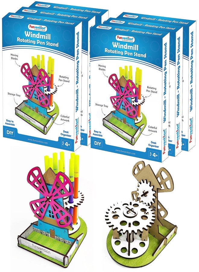 Funvention (Pack of 6) Windmill DIY Pen Stand Mechanical Model Desk Organizer for 4+ Years Kids 3D Puzzle Art and Craft Birthday Return Gifts - Image 1