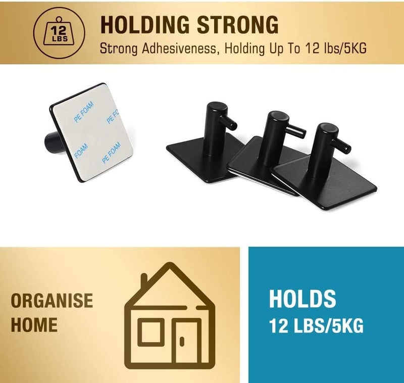 Tagve Adhesive Hooks 4 Pack Heavy Duty Durable 304 Stainless Steel Wall Hangers Waterproof Rustproof Oil Proof for Kitchen Bathrooms Doors Office Closet Black - Image 3