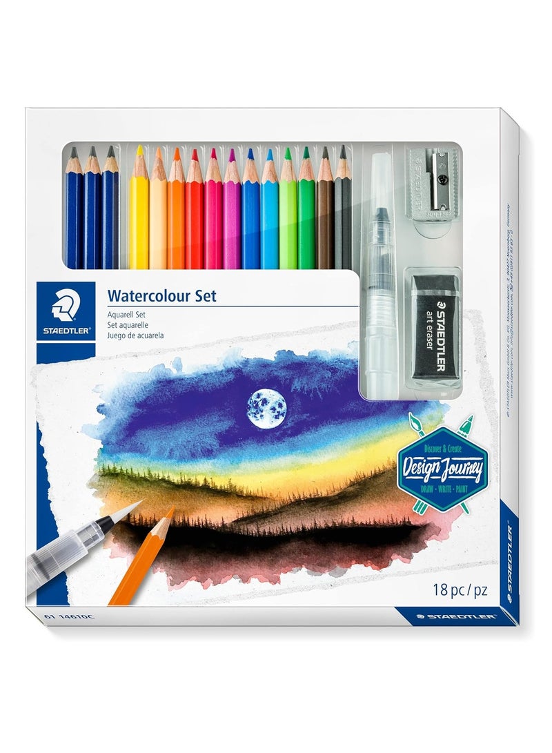 STAEDTLER 18-Piece Design Journey Watercolour Set With pencils, Waterbrush And Accessories - Image 1