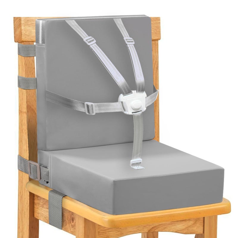 Toddler Booster Seat for Dining Table 5 Point Buckle Child Booster Seat for Table with Backrest PU Waterproof Easy Cleaning Dining Booster Seat Adjustable Seat Belts NonSlip Bottom Grey