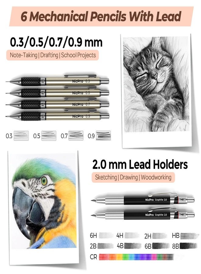 Nicpro 58 PCS Art Drawing Supplies Kit in Leather Case, Art Mechanical Pencil Set with Metal Drafting Pencil 0.3 & 0.5 & 0.7 & 0.9 & 2mm, 12 Micron Pen, Sketch Book, 30 Tube Lead Refills for Sketching - Image 2