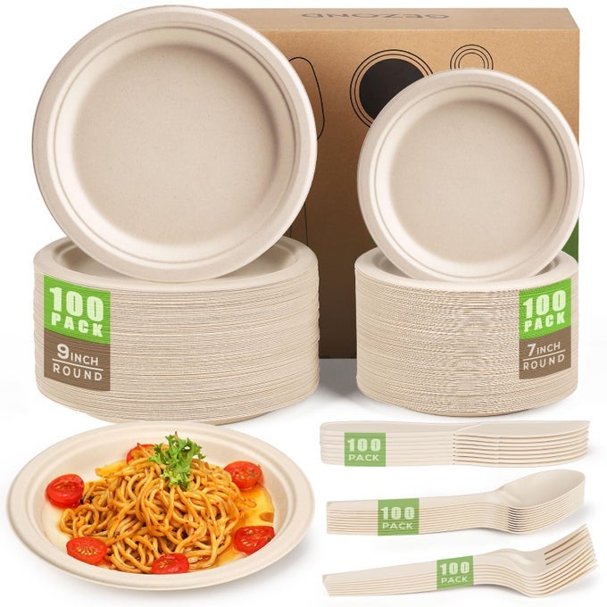 COMPOSTABLE PAPER PLATES SET 500PCS DISPOSABLE PLATES HEAVYDUTY PLATES CUTLERY ECOFRIENDLY DINNERWARE SET FOR PARTY PICNIC