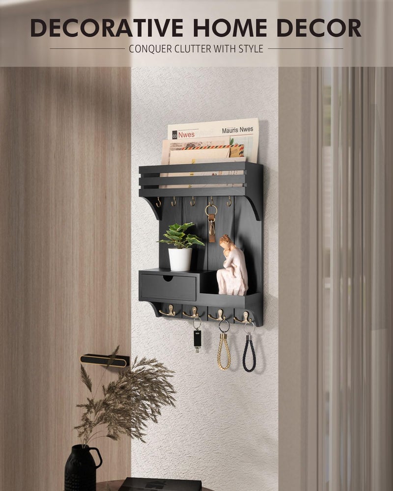 Rebee Vision Modern Key Holder Wall Mount with Mini Drawer Organizer - Decorative Mail Organizer with 9 Key Hooks and Floating Shelf - Stylish Home Decor for Apartment Essentials (Black) - Image 3