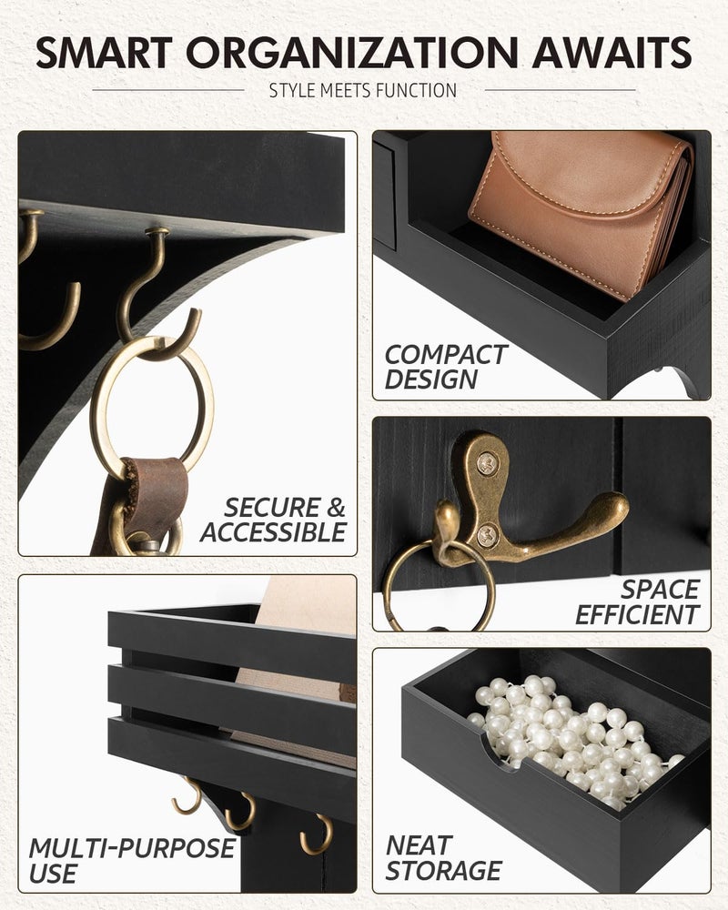 Rebee Vision Modern Key Holder Wall Mount with Mini Drawer Organizer - Decorative Mail Organizer with 9 Key Hooks and Floating Shelf - Stylish Home Decor for Apartment Essentials (Black) - Image 5