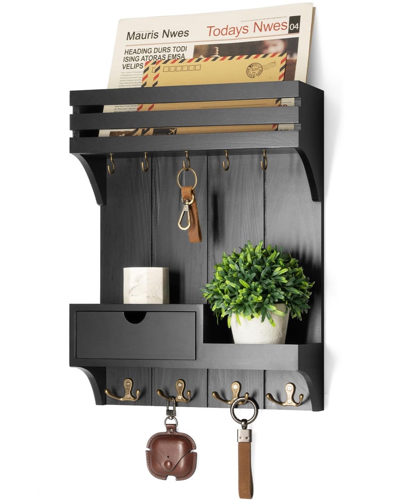 Rebee Vision Modern Key Holder Wall Mount with Mini Drawer Organizer - Decorative Mail Organizer with 9 Key Hooks and Floating Shelf - Stylish Home Decor for Apartment Essentials (Black) - Image 1