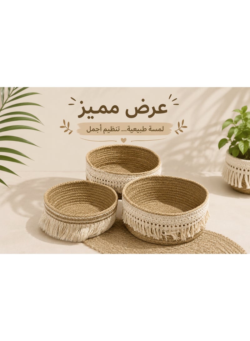 كالدا طقم "كالدا" المكون من 3 سلال تخزين بحبال القطن والمكرمية – سلال متداخلة مزخرفة ومنسوجة يدوياً مع شراشيب بوهيمية – منظم مستوحى من الطبيعة للمكياج، الإكسسوارات وديكور المنزل - Image 2