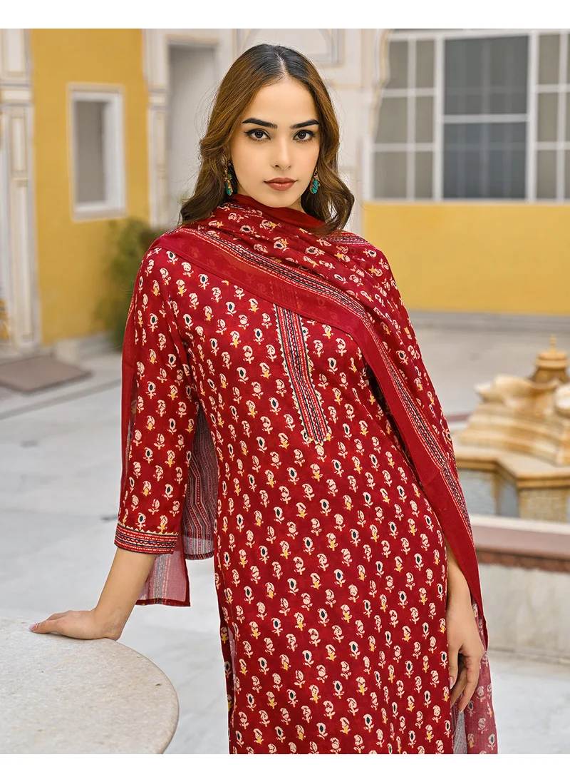 ZERESOUQ Maroon Rayon Blend Ethnic Motifs Casual Kurta Set