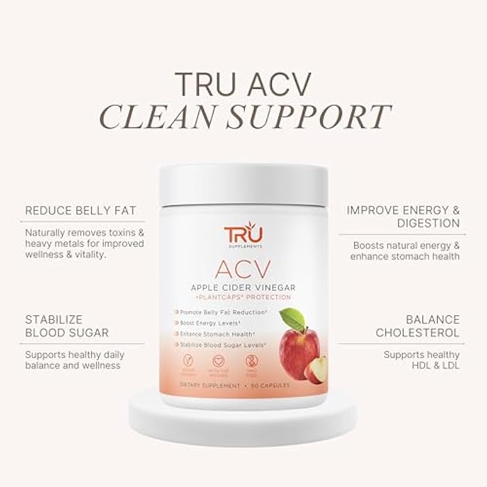 TRU Supplements ACV, Apple Cider Vinegar, Organic ACV with The Mother, Improves Digestion and Skin Health, 45 Servings, 1000mg - Image 2