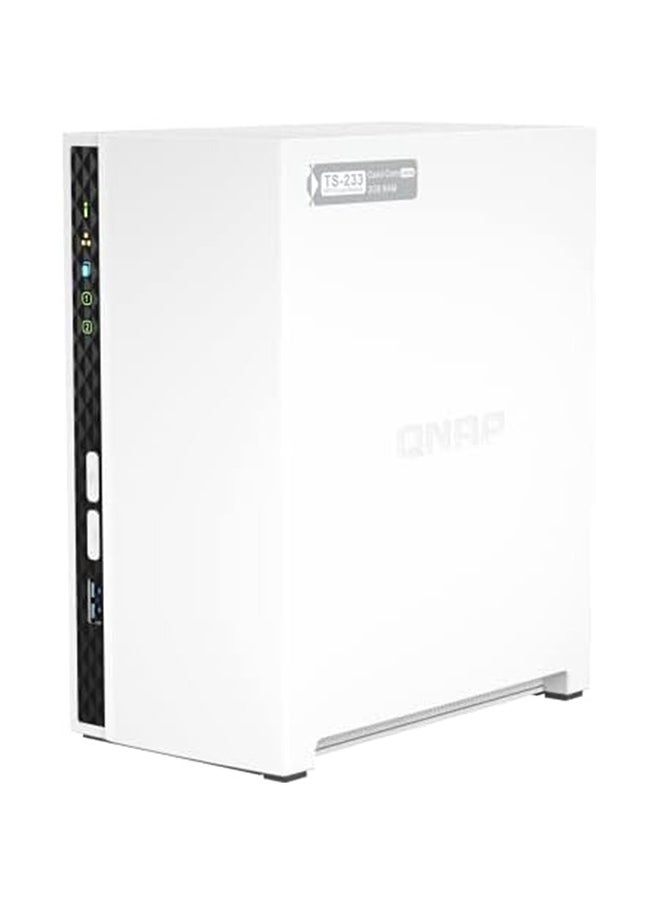 QNAP - QNAP 2 Bay Desktop NAS, Gigabit Ethernet Port, 2GB RAM On Board, 2 x 3.5 Inch SATA 6Gb/s Drive Bay, ARM 4 Core Processor, Power, Reset , USB Copy Buttons, Tower Form Factor, (No HDD) White | TS-233 - Image 1