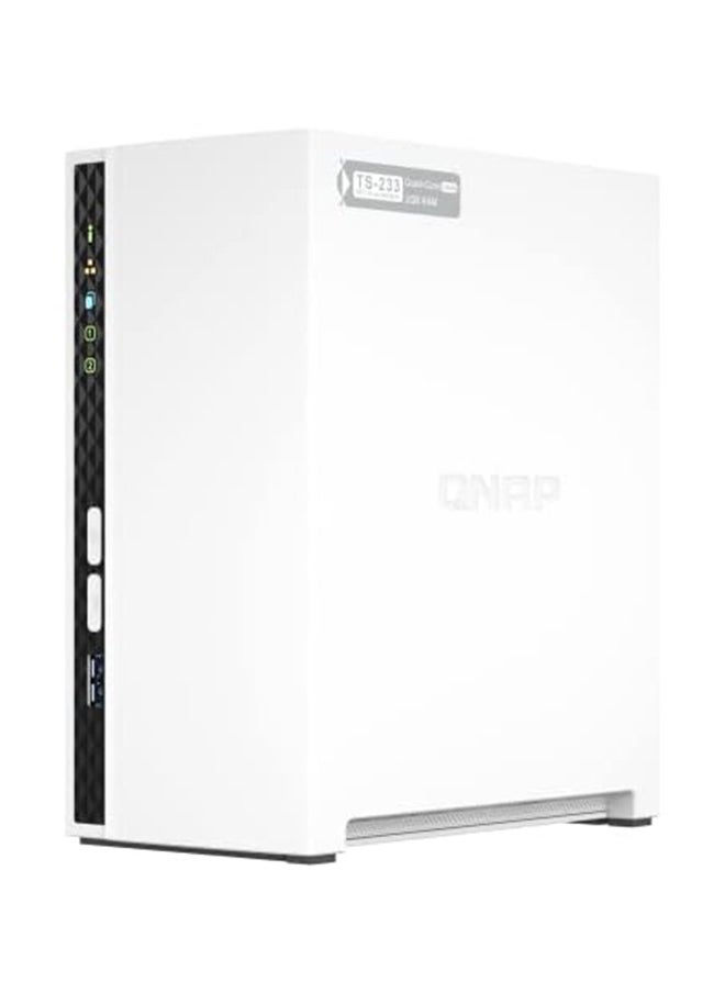 QNAP - QNAP 2 Bay Desktop NAS, Gigabit Ethernet Port, 2GB RAM On Board, 2 x 3.5 Inch SATA 6Gb/s Drive Bay, ARM 4 Core Processor, Power, Reset , USB Copy Buttons, Tower Form Factor, (No HDD) White | TS-233 - Image 1