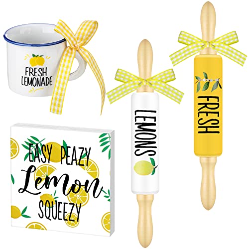 Yookeer 4 Pcs Lemon Tiered Tray Decor Fresh Lemonade Wooden Tier Decor Mini Rustic Wooden Signs Small Mug and Rolling Pins Summer Lemon Centerpiece Design for Summer Home Kitchen Decorations