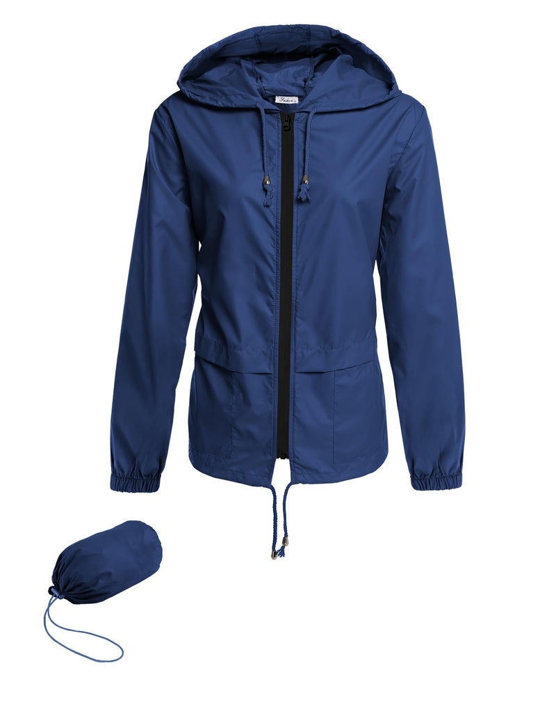 Hount Women's Lightweight Travel Trench Coat Waterproof Raincoat Hooded Outdoor Rain Jacket (M, Navy Blue) - Image 1