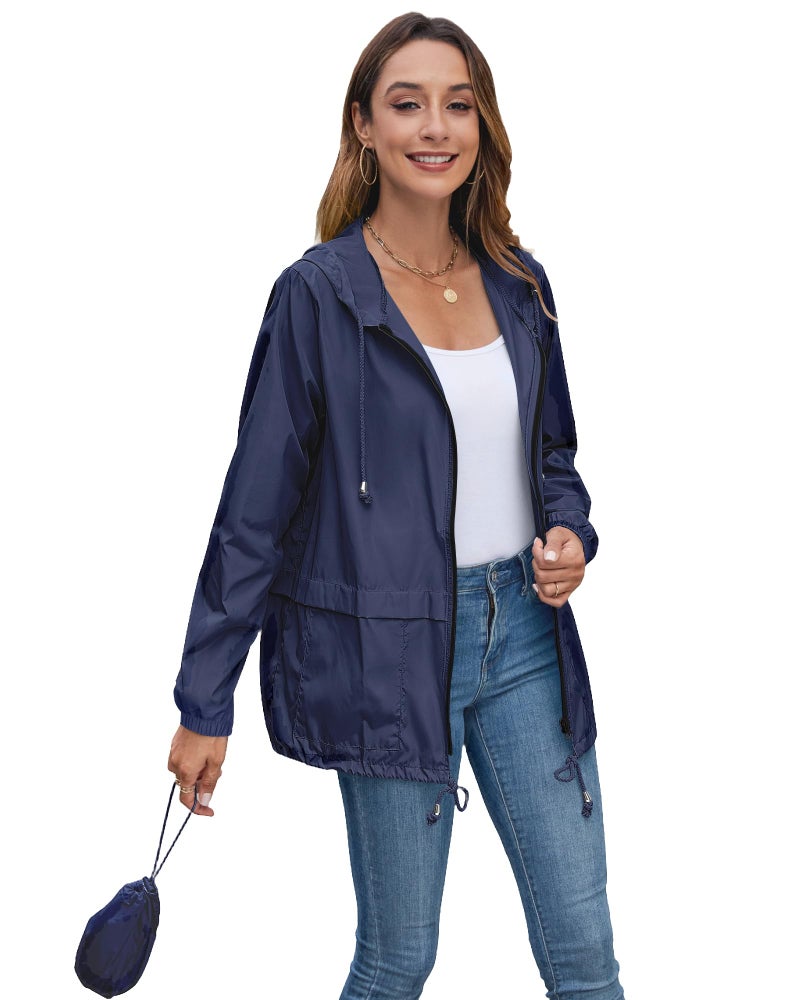 Hount Women's Lightweight Travel Trench Coat Waterproof Raincoat Hooded Outdoor Rain Jacket (M, Navy Blue) - Image 3