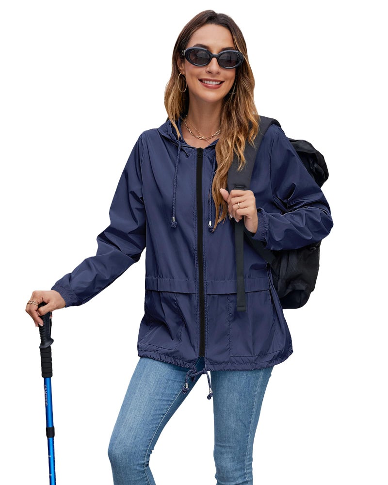Hount Women's Lightweight Travel Trench Coat Waterproof Raincoat Hooded Outdoor Rain Jacket (M, Navy Blue) - Image 5