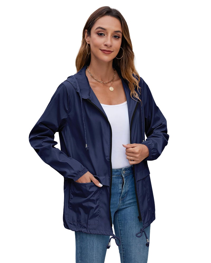 Hount Women's Lightweight Travel Trench Coat Waterproof Raincoat Hooded Outdoor Rain Jacket (M, Navy Blue) - Image 2