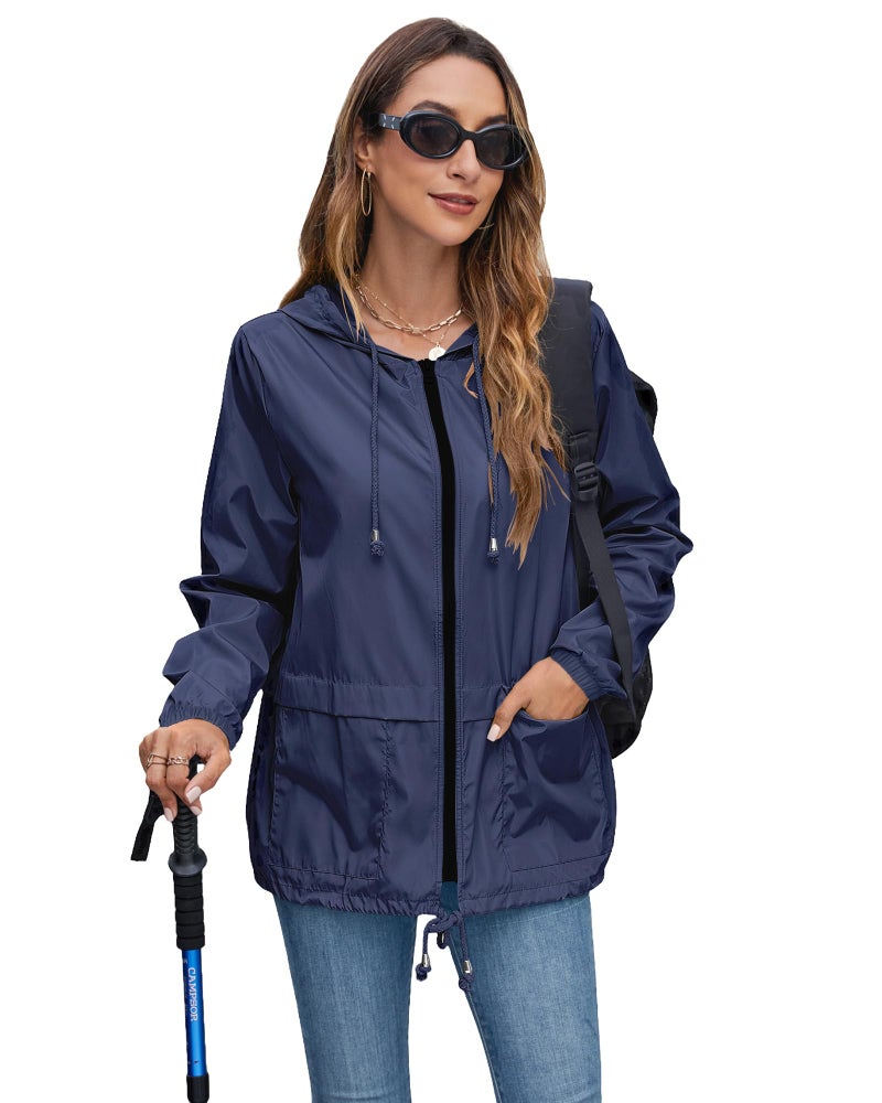 Hount Women's Lightweight Travel Trench Coat Waterproof Raincoat Hooded Outdoor Rain Jacket (M, Navy Blue) - Image 4