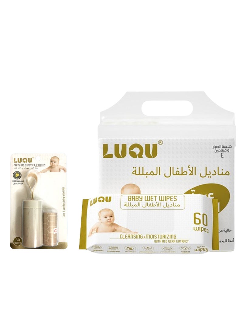 LuQu Disposable Bags,2 Refill Rolls/30 Bags with Dispenser,Aloe Vera & Vitamin E,4x60,Water Wet Wipes - Image 1