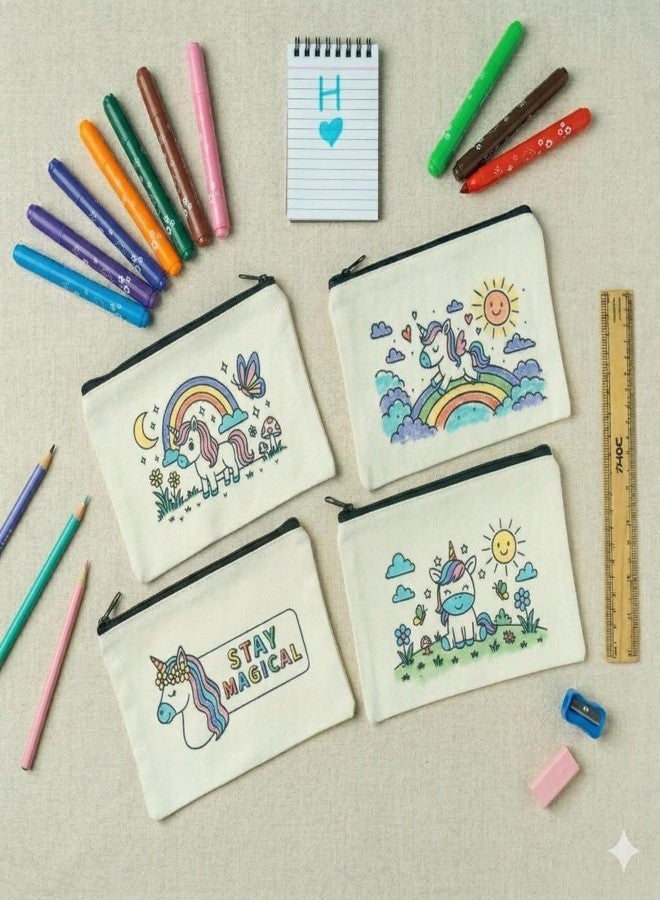 Pristu DIY Coloring Pouch for Kids Set of 4 | Unicorn Theme Cotton Doodle Bags | Canvas Organizer Pouch | Arts & Crafts Gift for Ages 4-10 (Without Markers) - Image 5