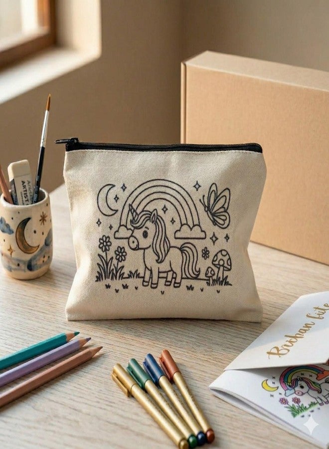 Pristu DIY Coloring Pouch for Kids Set of 4 | Unicorn Theme Cotton Doodle Bags | Canvas Organizer Pouch | Arts & Crafts Gift for Ages 4-10 (Without Markers) - Image 2