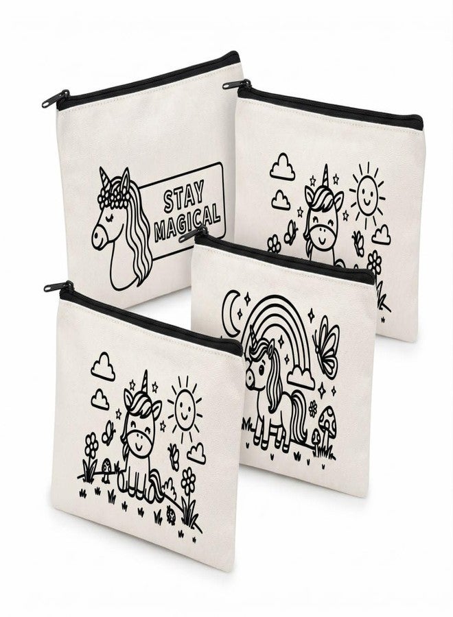 Pristu DIY Coloring Pouch for Kids Set of 4 | Unicorn Theme Cotton Doodle Bags | Canvas Organizer Pouch | Arts & Crafts Gift for Ages 4-10 (Without Markers) - Image 1