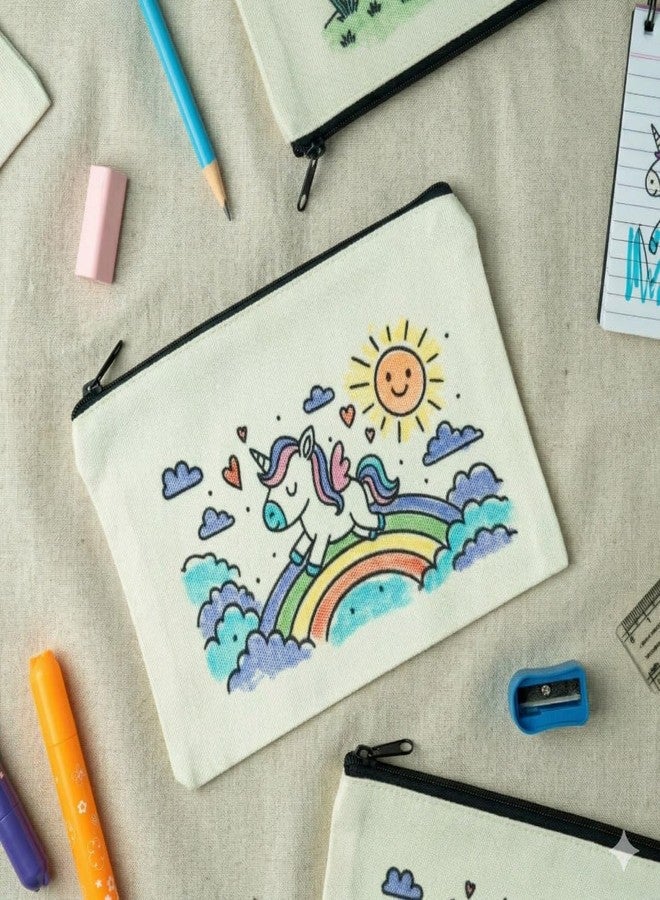 Pristu DIY Coloring Pouch for Kids Set of 4 | Unicorn Theme Cotton Doodle Bags | Canvas Organizer Pouch | Arts & Crafts Gift for Ages 4-10 (Without Markers) - Image 3