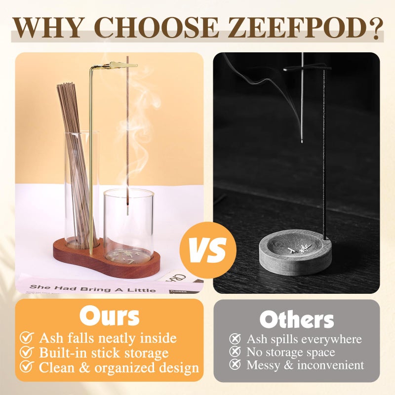Zeefpod Incense Holder for Sticks, 2 in 1 Incense Stick Holder for Sticks with Glass Ash Catcher,Anti-Ash Flying No Mess Incense Burnerï¼Œfor Yoga Spa Meditation Home Decor(2 Pack) - Image 4