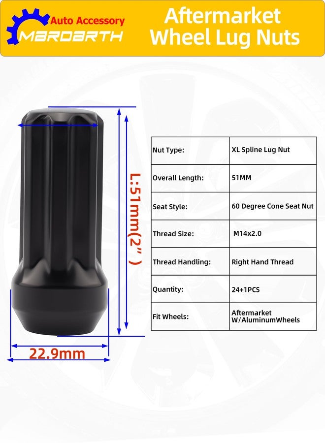 Mardarth Set of 24, 14X2.0mm 2'' Spline Wheel Lug Nuts Fits 2003-14 Expedition Lincoln Navigator 2004-14 F150, Conical Bulge Seat, Closed End W/ 1 Socket Key - Image 3