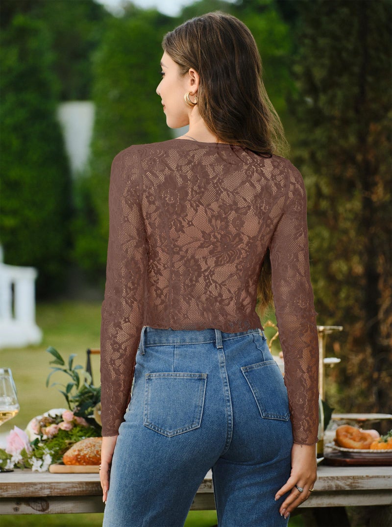 AGECODE Women's Sexy Open Front Tie Long Sleeve Ruffle Trim Sheer Mesh Lace Crop Tops Blouses Brown Large - Image 2