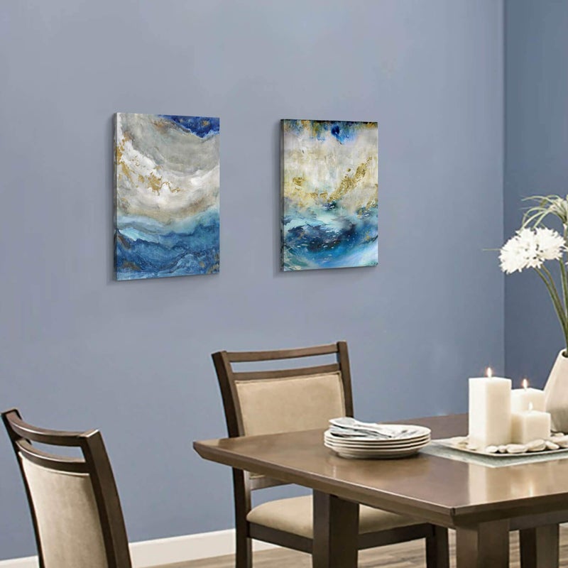 Hardy Gallery Blue Abstract Canvas Wall Art: Beige Print Picture Artwork for Bathroom without hand painted gold foils for Small Size(16'' x 12'' x 2 Panels) - Image 3