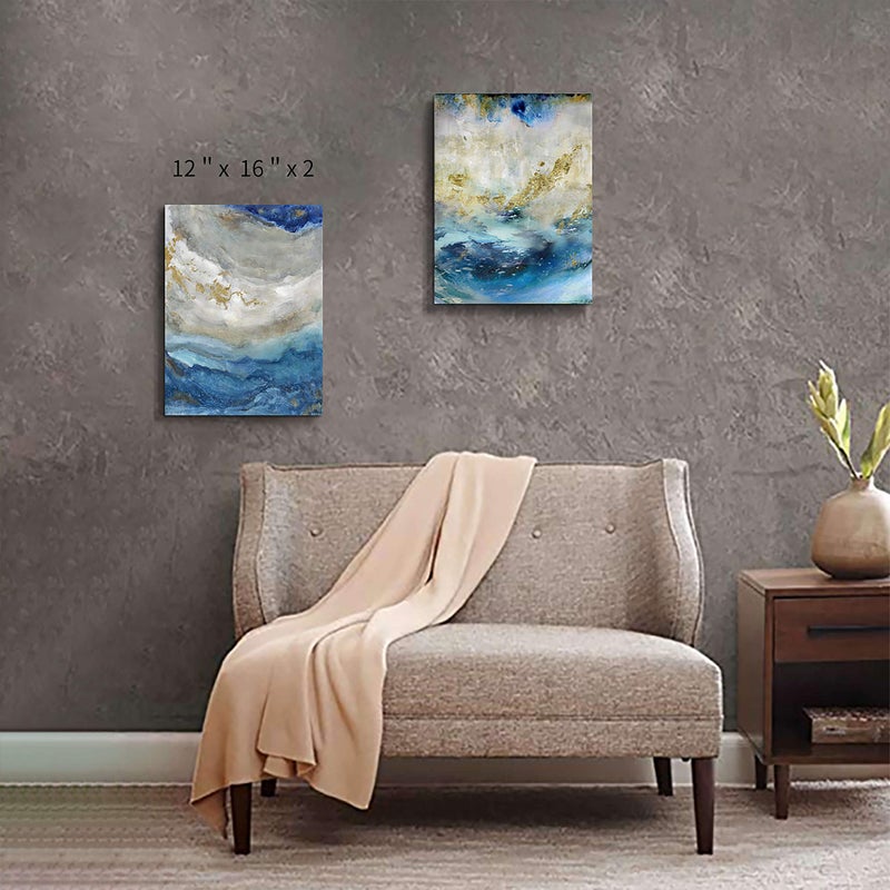 Hardy Gallery Blue Abstract Canvas Wall Art: Beige Print Picture Artwork for Bathroom without hand painted gold foils for Small Size(16'' x 12'' x 2 Panels) - Image 4