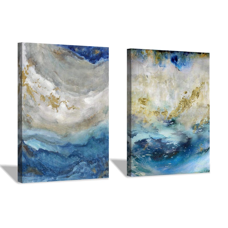 Hardy Gallery Blue Abstract Canvas Wall Art: Beige Print Picture Artwork for Bathroom without hand painted gold foils for Small Size(16'' x 12'' x 2 Panels) - Image 1